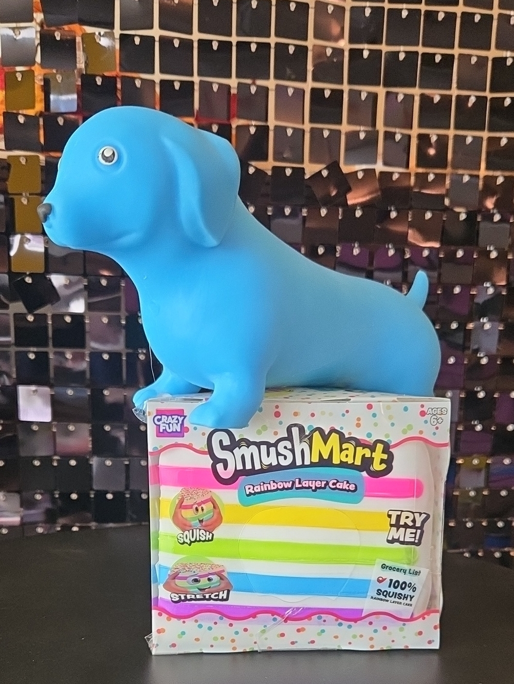 New SmushMart Rainbow Layer Cake Squeeze Toy & Squueeezy Blue Dog.